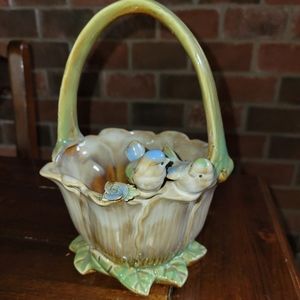 Vintage MAJOLICA STYLE Birds In A Cabbage Leaf Basket